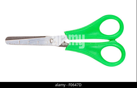 the green children's scissors isolated on white background Stock Photo