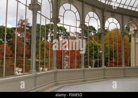 View of Buen Retiro Park from the Crystal Palace (Palacio de Cristal) windows. Stock Photo