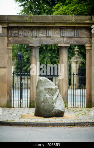 Woodbank Memorial Park in Offerton, Stockport, UK.   A large stone at the front entrance at Turncroft Lane  In 1921, Sir Thomas Stock Photo