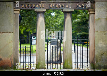 Woodbank Memorial Park in Offerton, Stockport, UK.   A large stone at the front entrance at Turncroft Lane Stock Photo