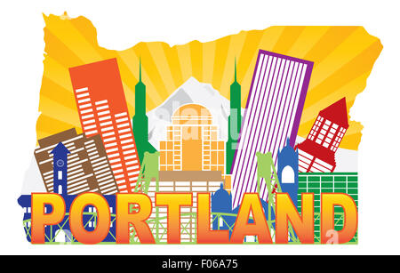 Portland Oregon City Skyline with Mount Hood Hawthorne Bridge in Map Outline Color Illustration Stock Photo