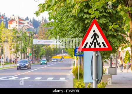 Zebra crossing, pedestrian cross warning traffic sign Stock Photo