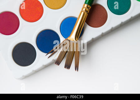 A watercolor paint tray on a white background with colorful paint strokes,  drops, and splotches Stock Photo - Alamy