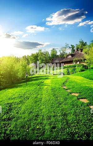 Wooden houses on green meadow in spring Stock Photo