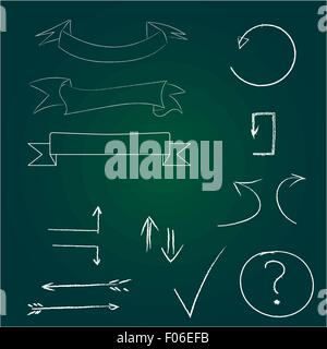 Arrows and banners set. Hand drawn chalk on board. Stock Vector