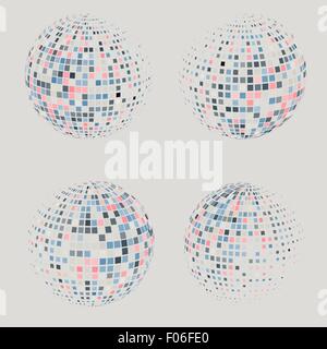 Collection of halftone sphere vector logo template. Abstract globe symbol, isolated round icon, business concept .You can use science and technology, tourism, financial or environmental background. Stock Vector