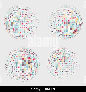 Collection of halftone sphere vector logo template. Abstract globe symbol, isolated round icon, business concept .You can use science and technology, tourism, financial or environmental background. Stock Vector