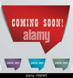 coming soon red 3d realistic paper speech bubble isolated on grey Stock Vector