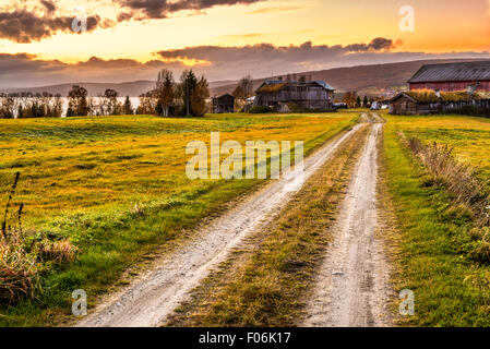 Iconic wooden barn with farmhouse and rural path at sunset in Norway Stock Photo