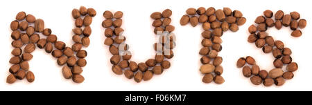 NUTS sign with Hazelnuts isolated on white background Stock Photo