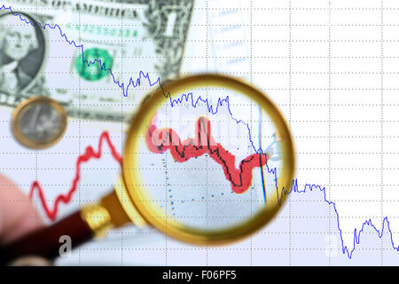 Magnifying glass on exchange chart Stock Photo