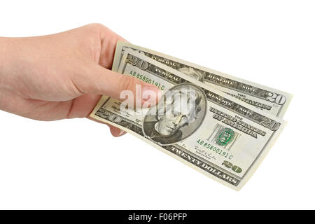 hand with money dollars isolated on white background Stock Photo