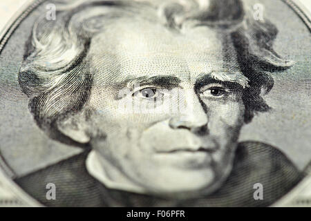 President Andrew Jackson eyes extreme macro on us 20 dollar bill, united states money closeup Stock Photo
