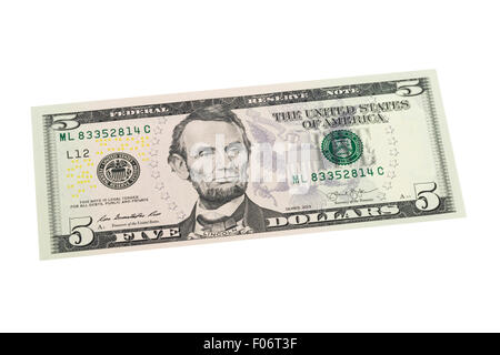 American five us dollar note on a white background Stock Photo