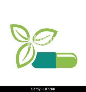 Green leaves and pill as natural medicine therapy health concept vector illustration Stock Vector