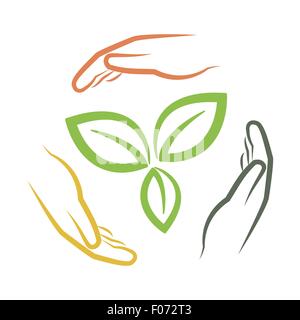 hands around green leaves as multi national environment concept vector illustration Stock Vector