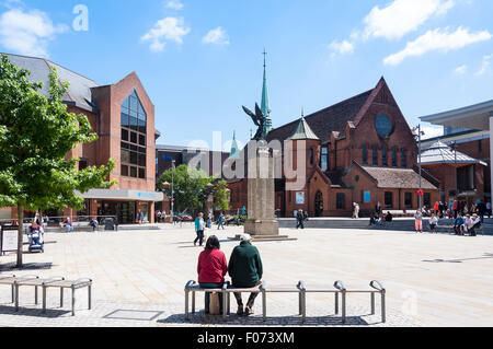 Woking Town Square showing War Memorial and Christ Church, Woking, Surrey, England, United Kingdom Stock Photo