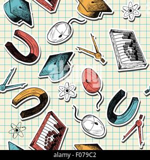 Seamless pattern with  hand drawn education theme on checkered copybook background Stock Vector