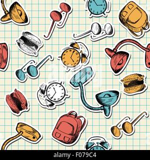 Seamless pattern with  hand drawn education theme on checkered copybook background Stock Vector