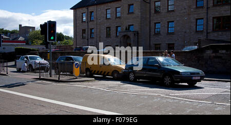 Edinburgh, Scotland, UK. 9th August, 2015. Four vehicle crash in Willowbrae Road Edinburgh, Scotland approximately 15.10pm. Police  arrived at 15.20pm one of the cars had the air bag deployed, leading vehicle has german registration plate. Stock Photo