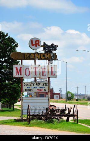 A 1950's western theme style Motel sign still stands along the Lincoln National Highway in Lexington, Nebraska. Stock Photo