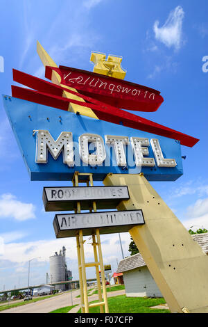 The 1950's Googie style Motel sign still stands along the Lincoln National Highway in Lexington, Nebraska. Stock Photo