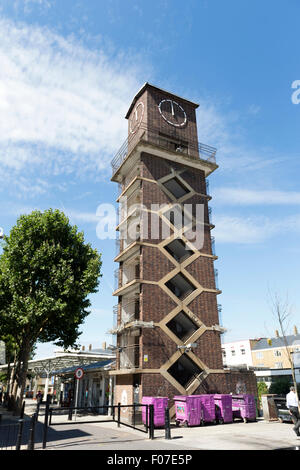 Clock Tower at Chrisp Street Market, Poplar, Tower Hamlets, London, England, UK. Stock Photo