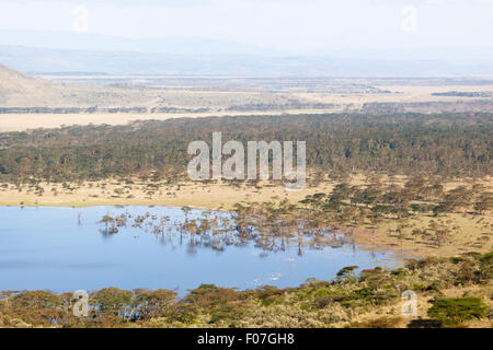 Lake in Nakuru National Park seen from an observation point in Kenya with lots of flamingos in the water. Stock Photo
