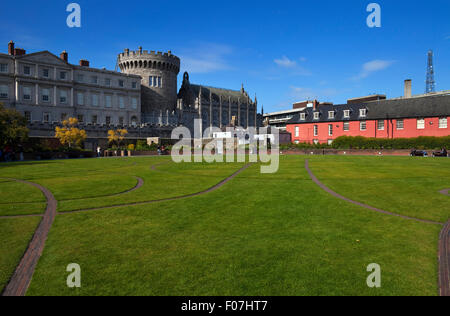 The Record Tower, Chapel Royal and other Buildings, From the Dubh Linn Gardens Behind Dublin Castle, Dublin City, Ireland Stock Photo