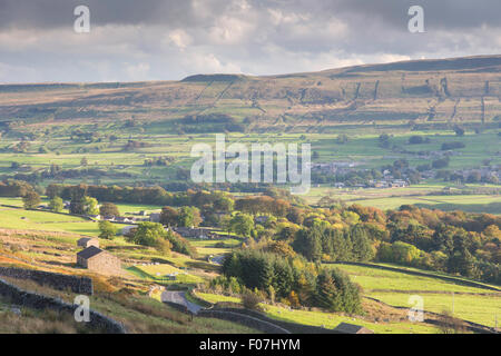 Autumn evening light over Wensleydale from the Buttertubs Pass, Yorkshire Dales National Park, North Yorkshire, England, UK Stock Photo