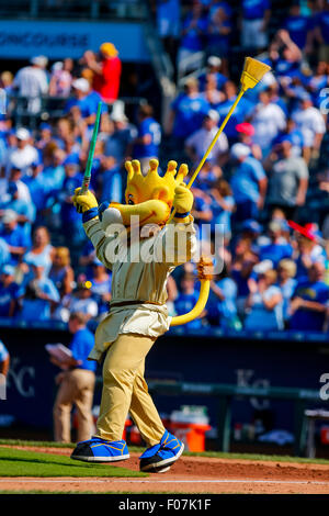 Kansas City Royals mascot Sluggerrr waves a flag before a baseball game  against the Cleveland Guardians in Kansas City, Mo., Sunday, April. 10,  2022. (AP Photo/Colin E. Braley Stock Photo - Alamy