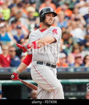 Detroit, Michigan, USA. 30th July, 2015. Boston Red Sox first baseman Travis Shaw (47) swings and misses during a regular season game between the Detroit Tigers and the Boston Red Sox at Comerica Park in Detroit, Michigan. Brent Clark/CSM/Alamy Live News Stock Photo