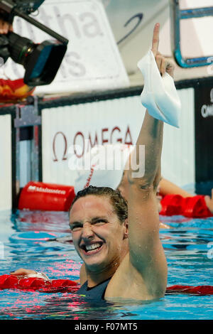 Kazan, Russia. 9th Aug, 2015. Katinka Hosszu of Hungary celebrates after the Women's 400m Individual Medley Swimming Final at FINA World Championships in Kazan, Russia, Aug. 9, 2015. Katinka Hosszu claimed the title in a time of 4 minutes 30.39 seconds. © Zhang Fan/Xinhua/Alamy Live News Stock Photo