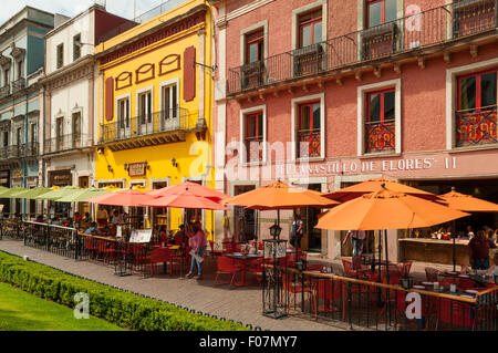 Street Cafes at Plaza de la Paz, Guanajuato, Mexico Stock Photo