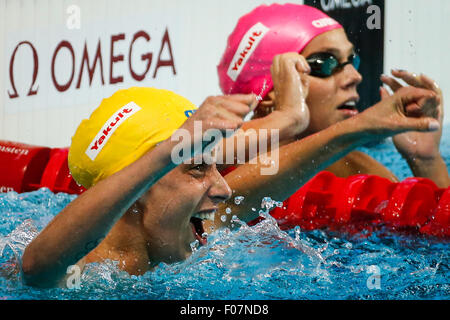 Kazan, Russia. 9th Aug, 2015. Sweden's Jennie Johansson (L) celebrates after winning the women's 50m breaststroke final at the 2015 FINA World Championships in Kazan, Russia, Aug. 9, 2015. Johansson claimed the title of the event in a time of 30.05 seconds. © Zhang Fan/Xinhua/Alamy Live News Stock Photo