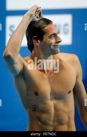 Kazan, Russia. 9th Aug, 2015. French Camille Lacourt celebrates after winning the men's 50m backstroke final at the 2015 FINA World Championships in Kazan, Russia, Aug. 9, 2015. Lacourt claimed the title of the event in a time of 24.23 seconds. © Zhang Fan/Xinhua/Alamy Live News Stock Photo