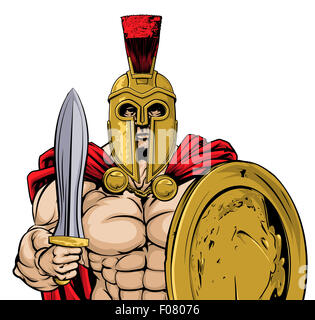 A gladiator, ancient Greek, Trojan or Roman warrior or gladiator wearing a helmet and holding a sword and shield Stock Photo