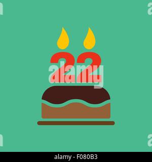 The birthday cake with candles in the form of number 22 icon. Birthday symbol. Flat Stock Vector
