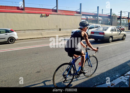 Cyclist training on bicycle. N-II road. Maresme, Barcelona province, Catalonia, Spain. Stock Photo