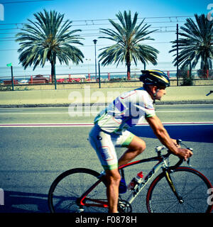 Cyclist training on bicycle. N-II road. Maresme, Barcelona province, Catalonia, Spain. Stock Photo