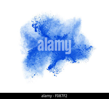 Freeze motion of blue powder exploding, isolated on white. Abstract design Stock Photo