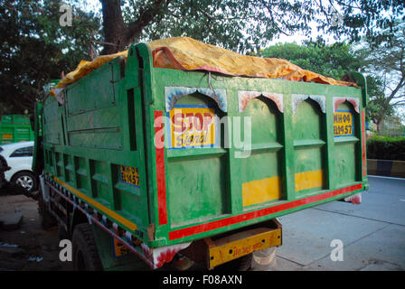 Signs on back of green lorry, Mumbai, Maharashtra, India. Stock Photo