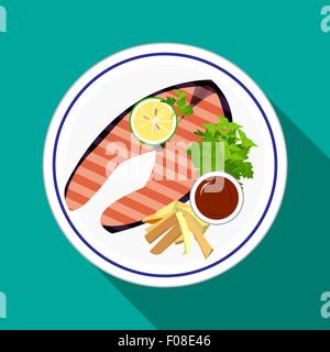Set Grilled Salmon steak with lemon Stock Vector