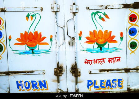 Signs on back of white lorry, Mumbai, Maharashtra, India. Stock Photo