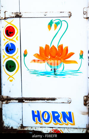 Signs on back of white lorry, Mumbai, Maharashtra, India. Stock Photo