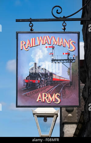 Railwayman's Arms pub sign on the platform at Bridgnorth Station, on the Severn Valley Railway, Shropshire. Stock Photo