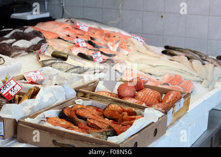 Rich variety of fish fillet at fish market. Stock Photo