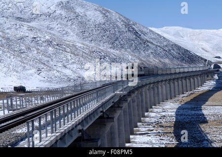 (150810) -- LHASA, Aug. 10, 2015 (Xinhua) -- Photo taken on Oct. 25, 2006 shows a train running on the plateau in southwest China's Tibet Autonomous Region.     People witnessed amazing progress of the transportation in Tibet over the past five decades.    A total of 75,000 kilometers road have made the transportation in Tibet much easier than 50 years ago.     The Qinghai-Tibet railway, running from northwest China's Qinghai Province to Lhasa, was opened in 2006. Since then, the number of visitors to Tibet has increased enormously.     Above the railways and highways, the air transportation i Stock Photo