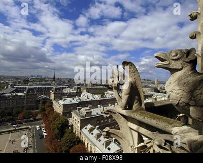 Mythical creatures of Notre-Dame against cityscape of Paris, France Stock Photo