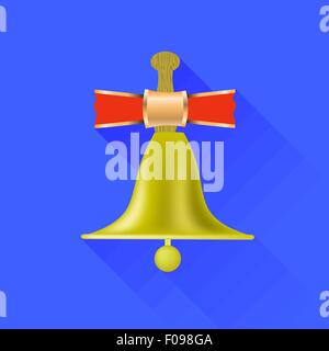 Gold bell with a red bow. School bell Flat vector illustration isolated ...